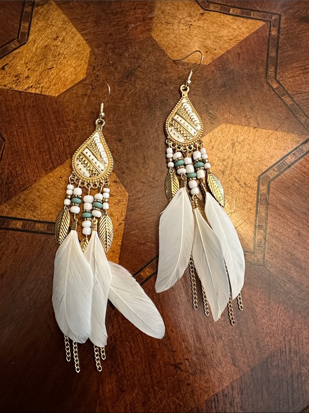 Boho White Feather & Gold Leaf Dangle Earrings